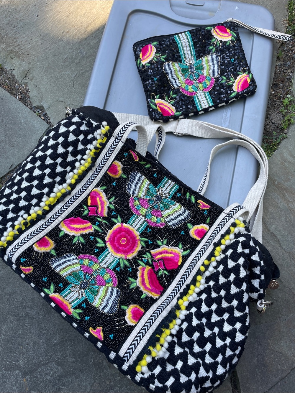Black Beaded Floral Tote with Matching Wristlet
